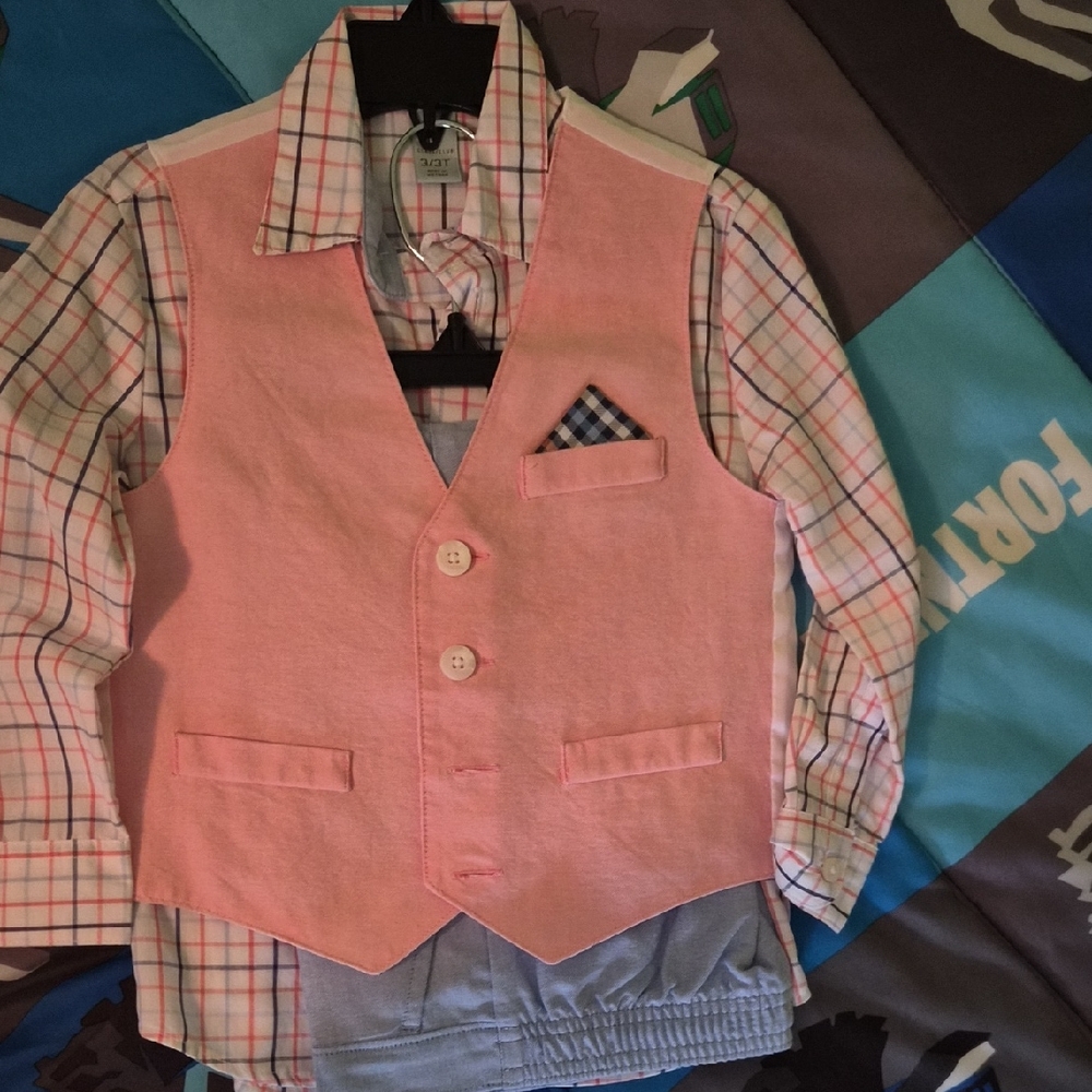 Pink Vest with Plaid Shirt and Gray Pants Set